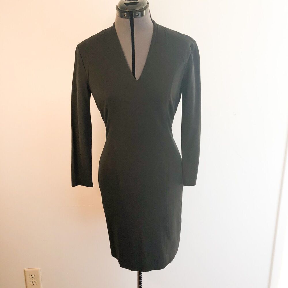 Helmut Lang Black V Neck Dress with Dramatic Metal Back Zip Size S